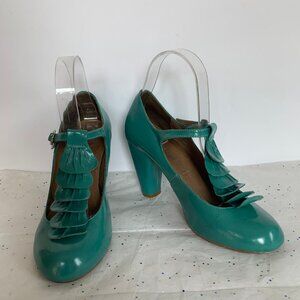 Jeffrey Campbell Y2K Frill Teal Blue Green Ruffle T strap Retro Inspired Pump 7